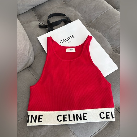 Celine Red Graphic Print Scoop Neck Crop Top Size S Logo Top - Picture 12 of 16